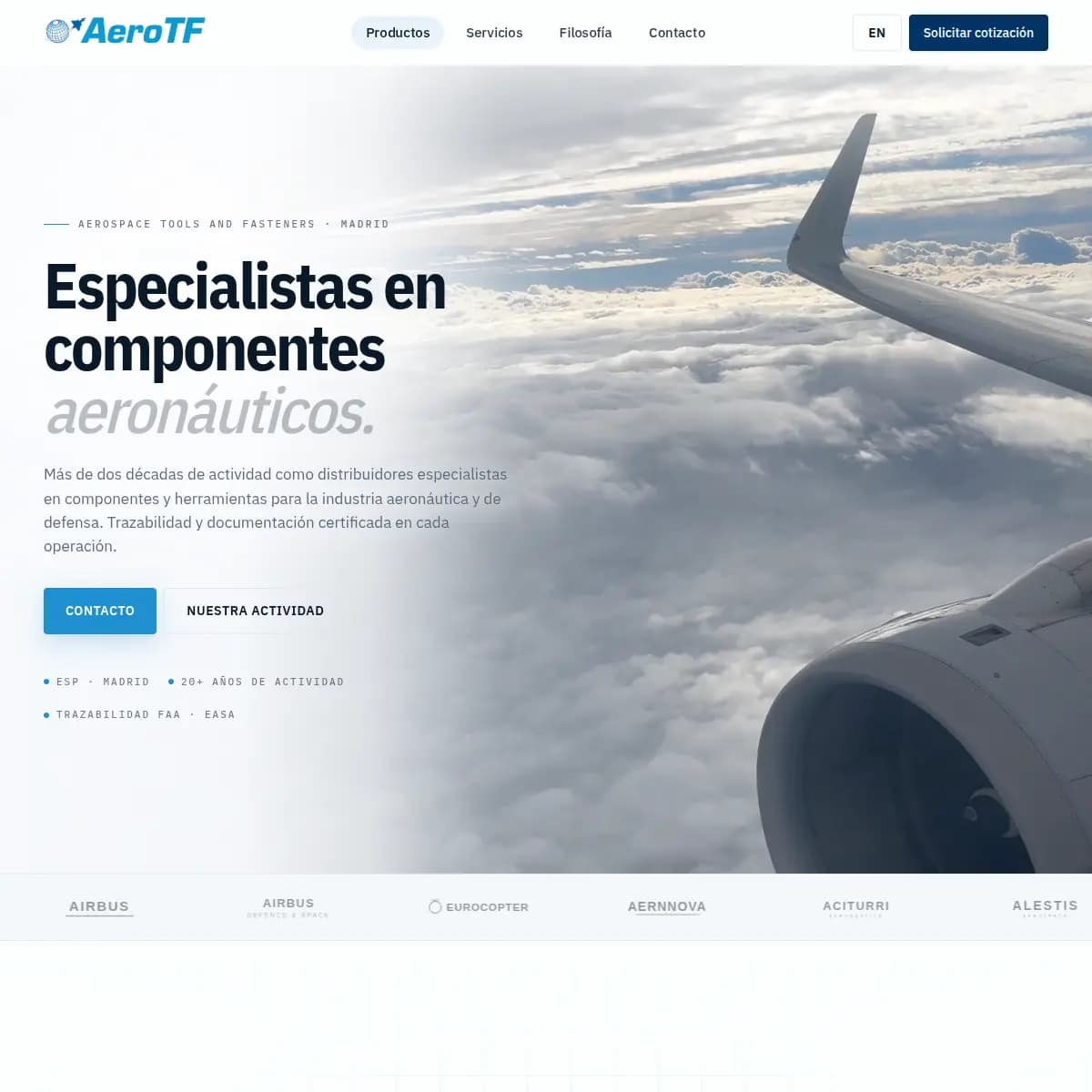 Versión actual de la web pública de AeroTF con su posicionamiento de componentes aeroespaciales.